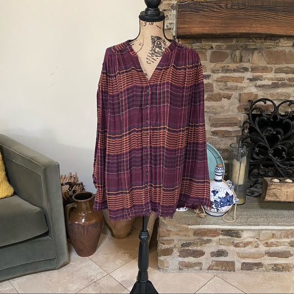 FREE PEOPLE COME OVER PLAID FLANNEL WINE M - Picture 2 of 9
